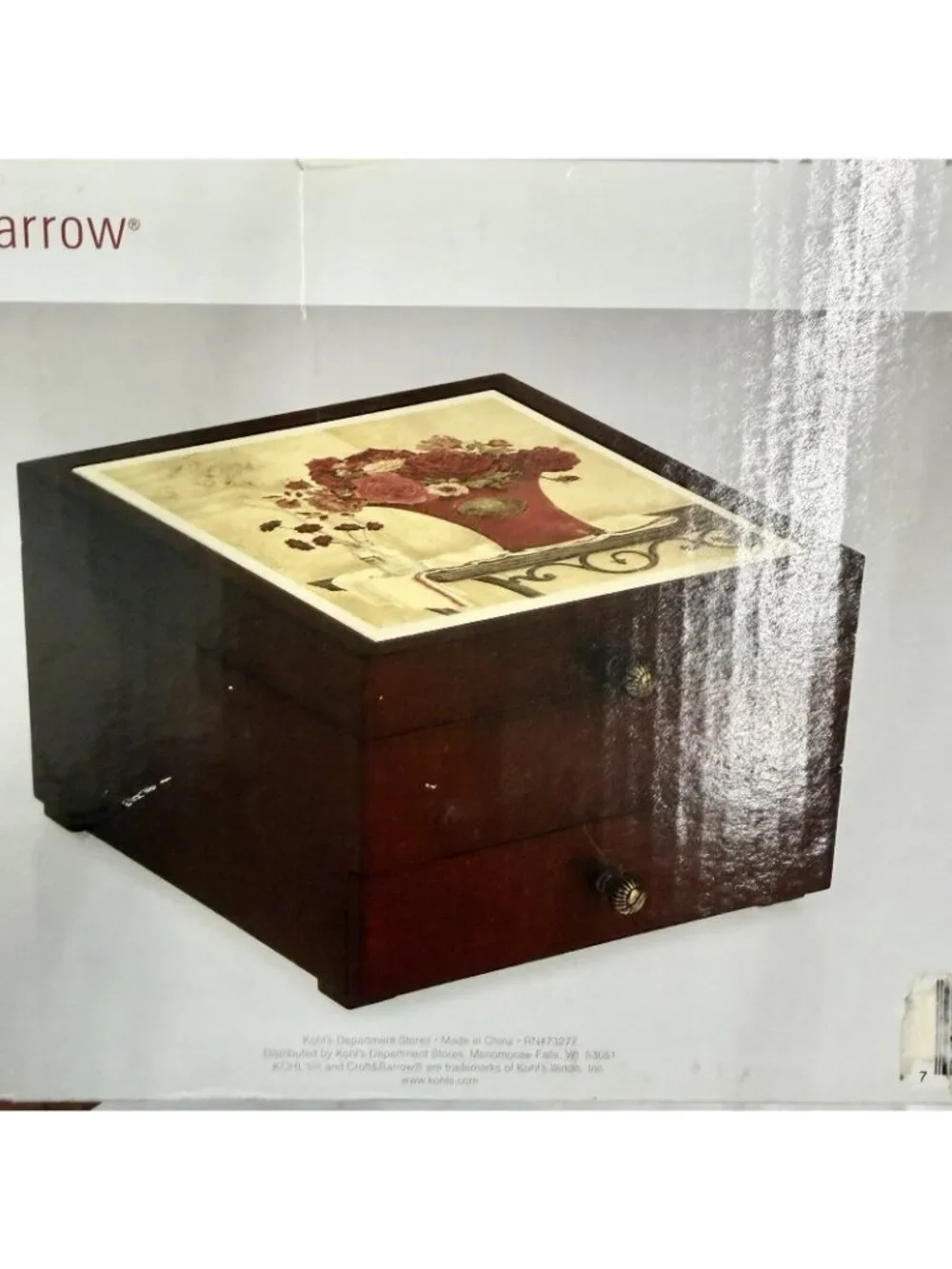 Vintage 2004 Croft & Barrow Wooden Jewelry Box Floral Ceramic Lid 2 Drawer New